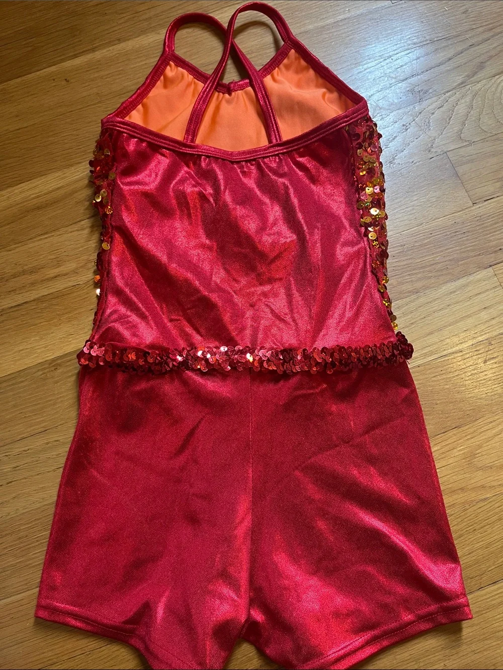 Girls Red and Orange Sequin Dance Costume with Heart Accent